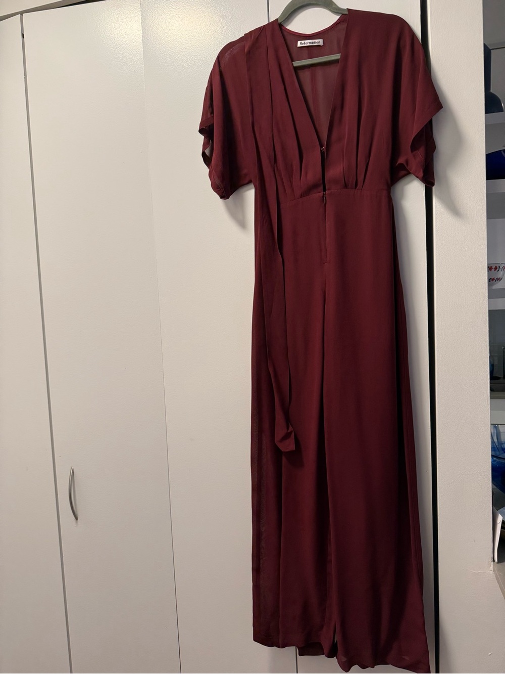 Reformation Wine-Red Wide-Leg Jumpsuit with Waist Sash - Picture 3 of 6